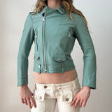 Baby Blue Leather Asymmetrical Zip Moto Jacket