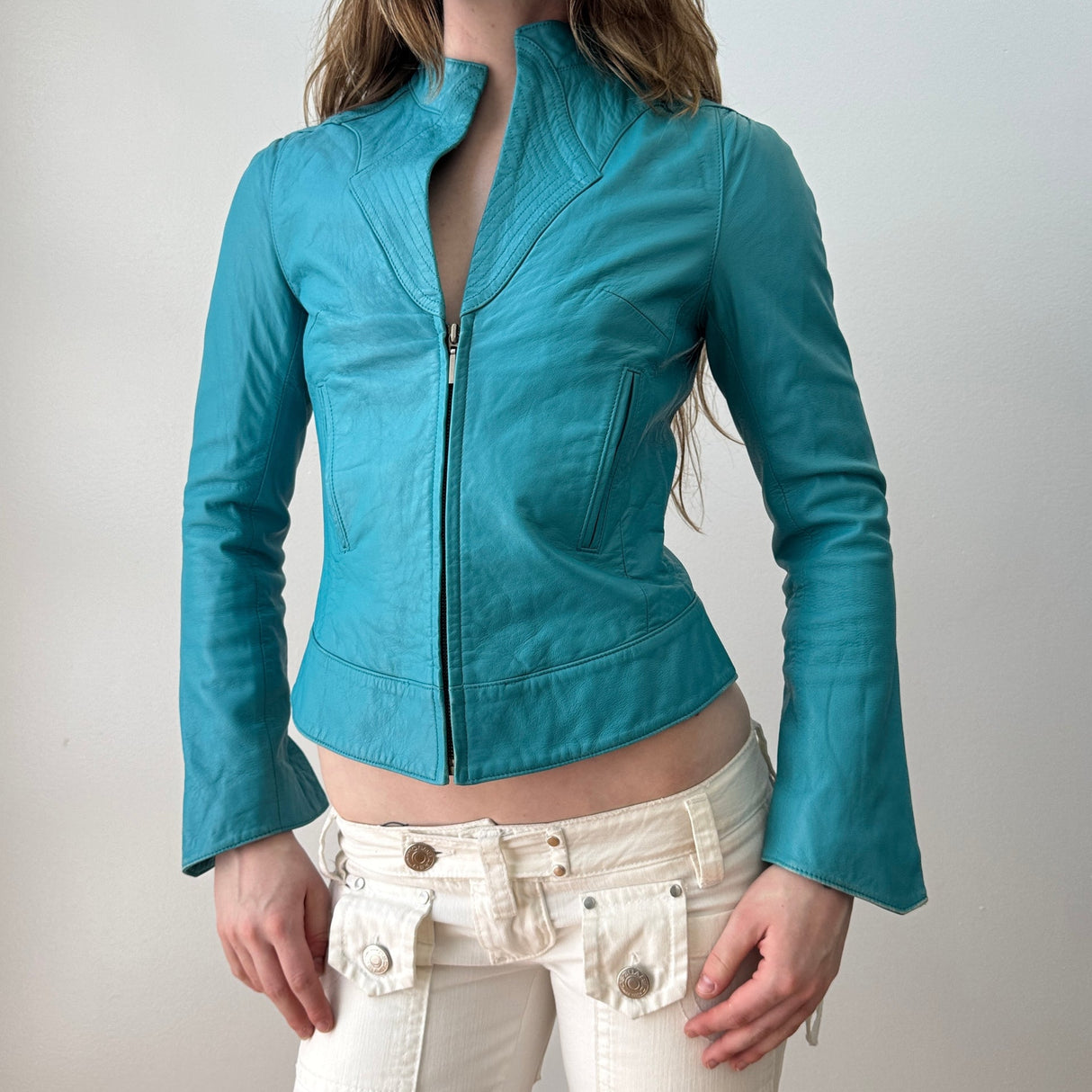 Cyan Blue Leather Flare Sleeve Moto Jacket