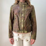 Olive Green Burgundy Patinaed Studded Leather Moto Jacket