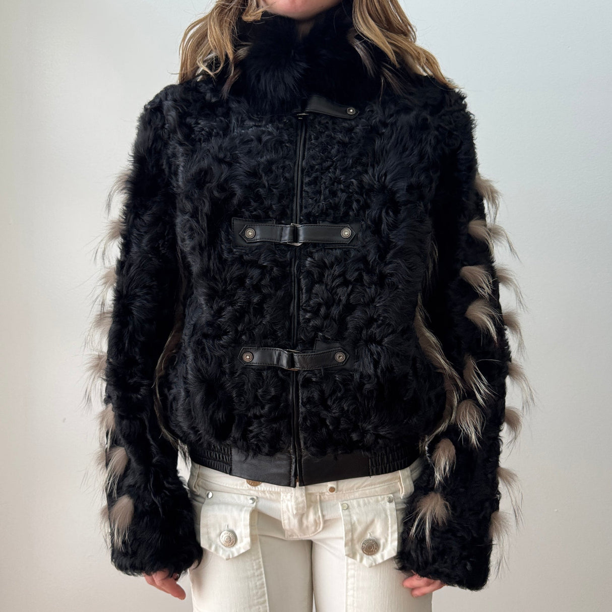 Black Brown Fox Fur Buckle Coat