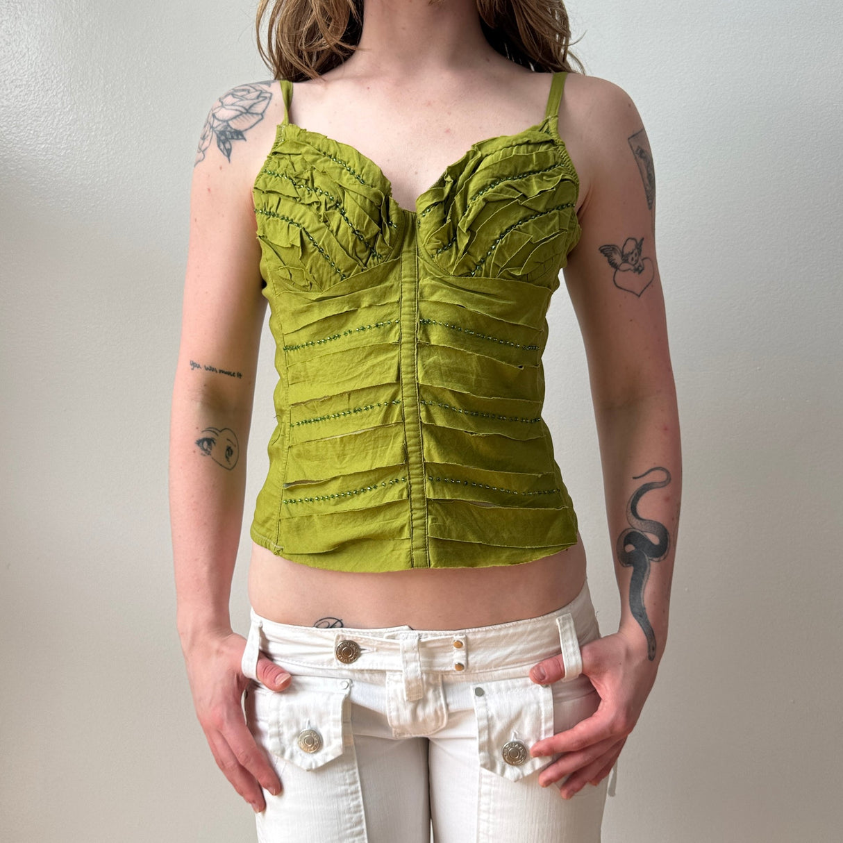 Italian Olive Green Beaded Cutout Corset Tank