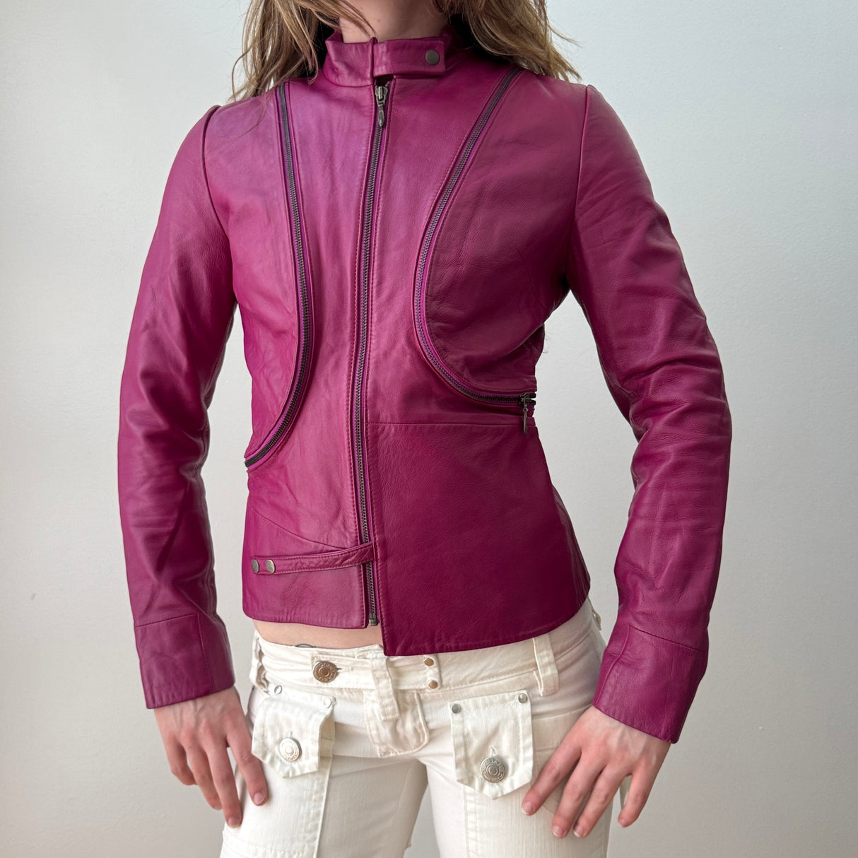Magenta Leather Zipper Moto Jacket