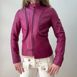 Magenta Leather Zipper Moto Jacket