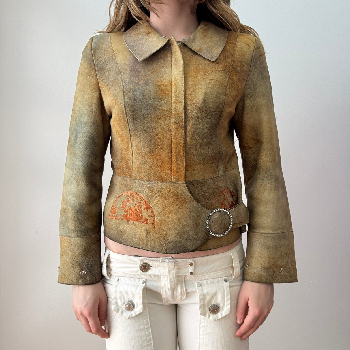 Khaki Orange Patina Suede Leather Jacket