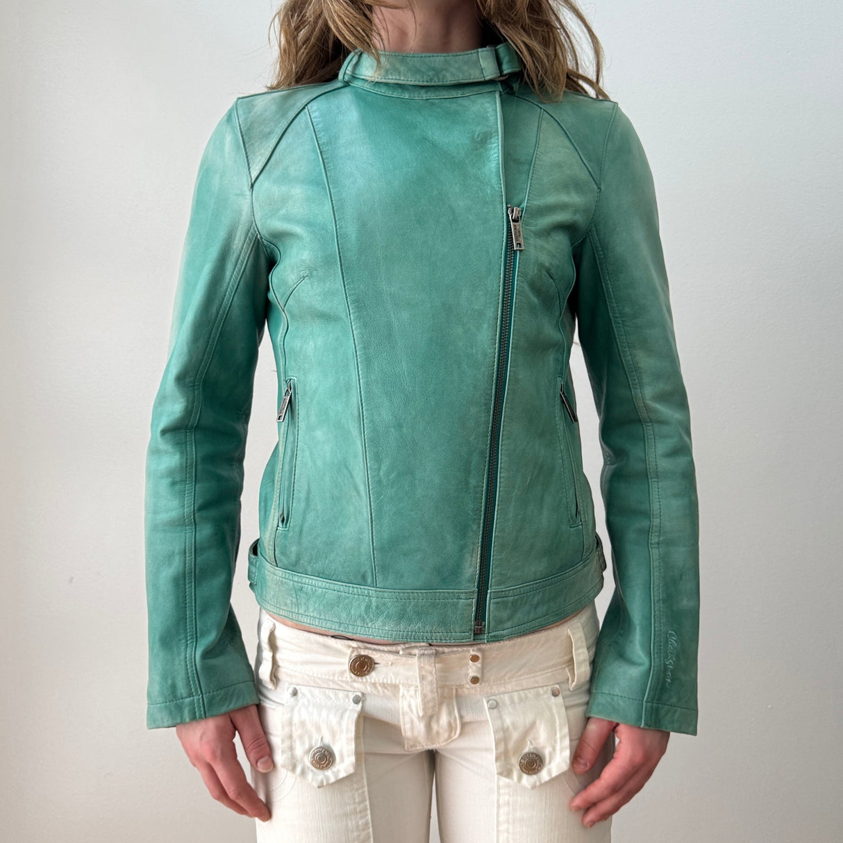 Teal Patinaed Leather Moto Jacket