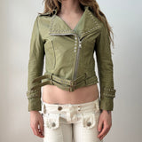 Olive Green Studded Buckle Leather Moto Jacket