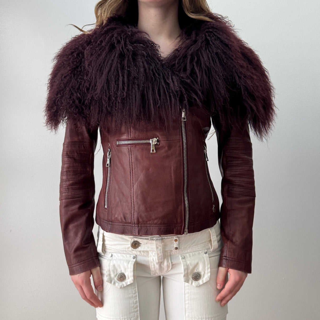 Burgundy Leather Mongolian Fur Trim Moto Jacket