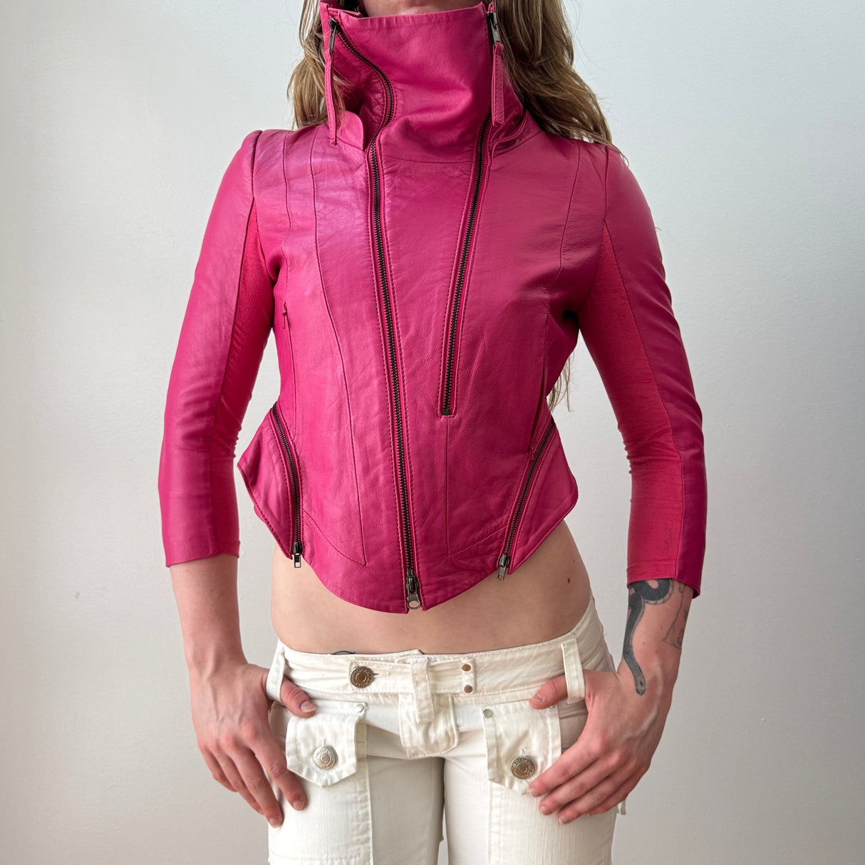 Hot Pink Zipper Cropped Leather Moto Jacket