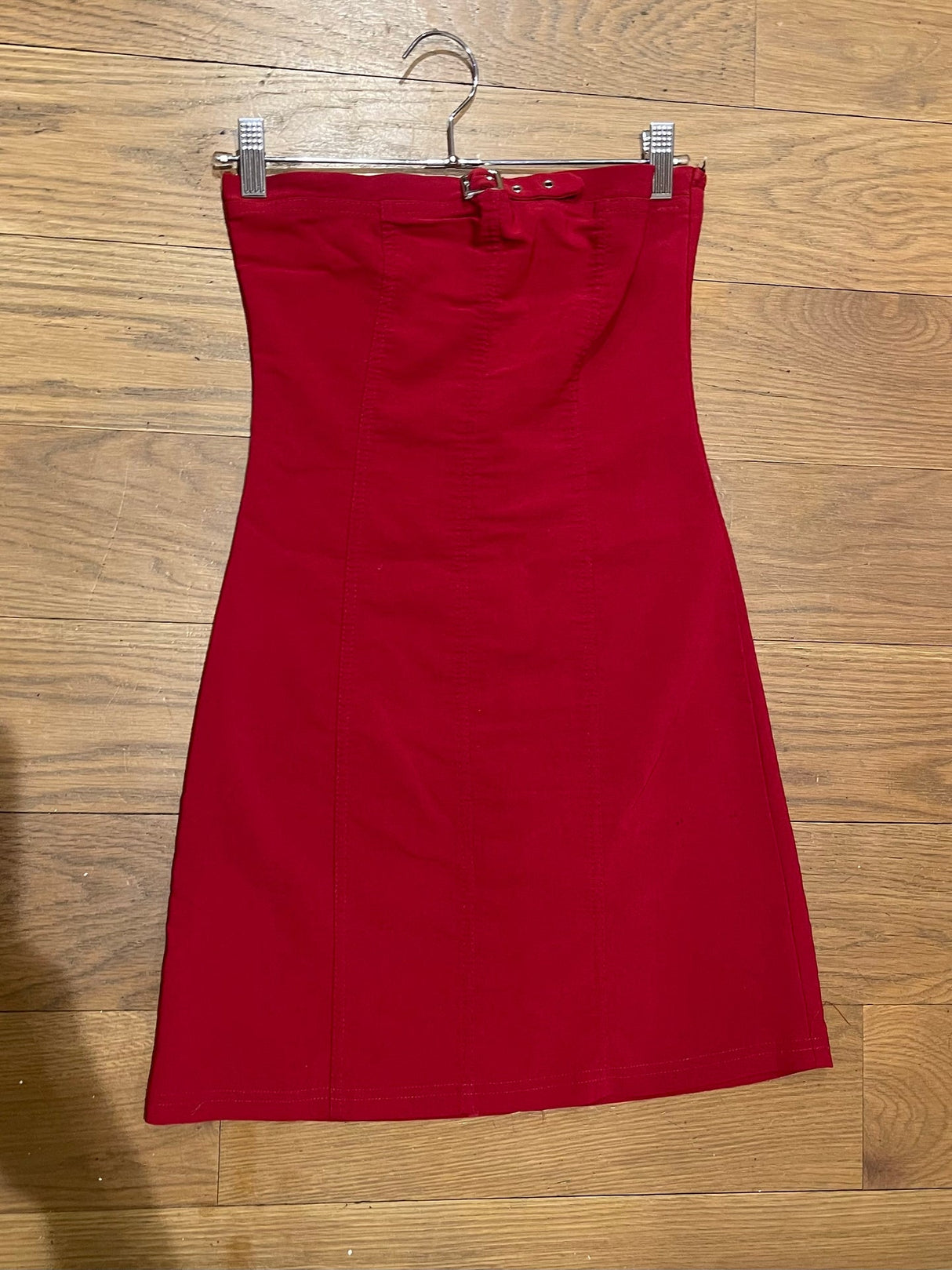 red strapless mini dress