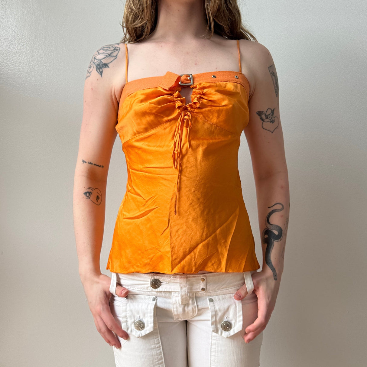 Italian Orange Silk Buckle Babydoll Tank