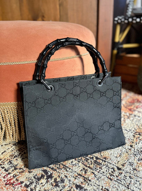 Gucci Vintage Authentic Black Canvas GG Black Rare Bamboo Handles Shopper Tote Bag