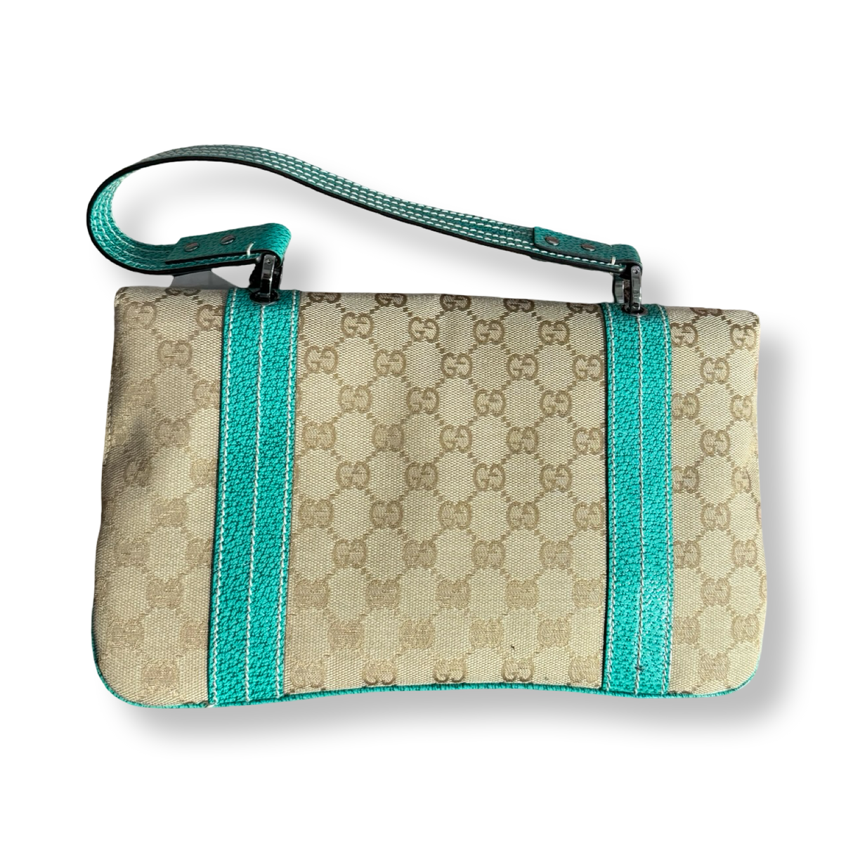 Gucci Signature GG Flap bag with Turquoise leather trim authentic 