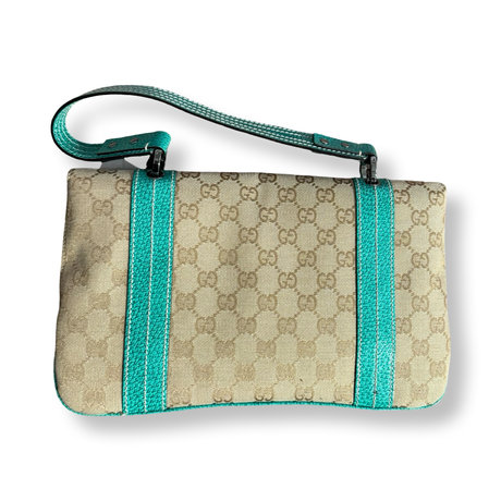 Gucci Signature GG Flap bag with Turquoise leather trim authentic 