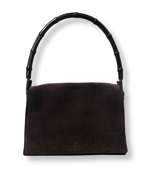 Authentic Gucci Tom Ford Era Flap Shoulder Bag in Brown suede with chocolate brown bamboo Handle 