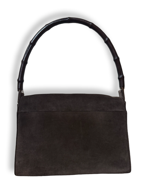 Authentic Gucci Tom Ford Era Flap Shoulder Bag in Brown suede with chocolate brown bamboo Handle 