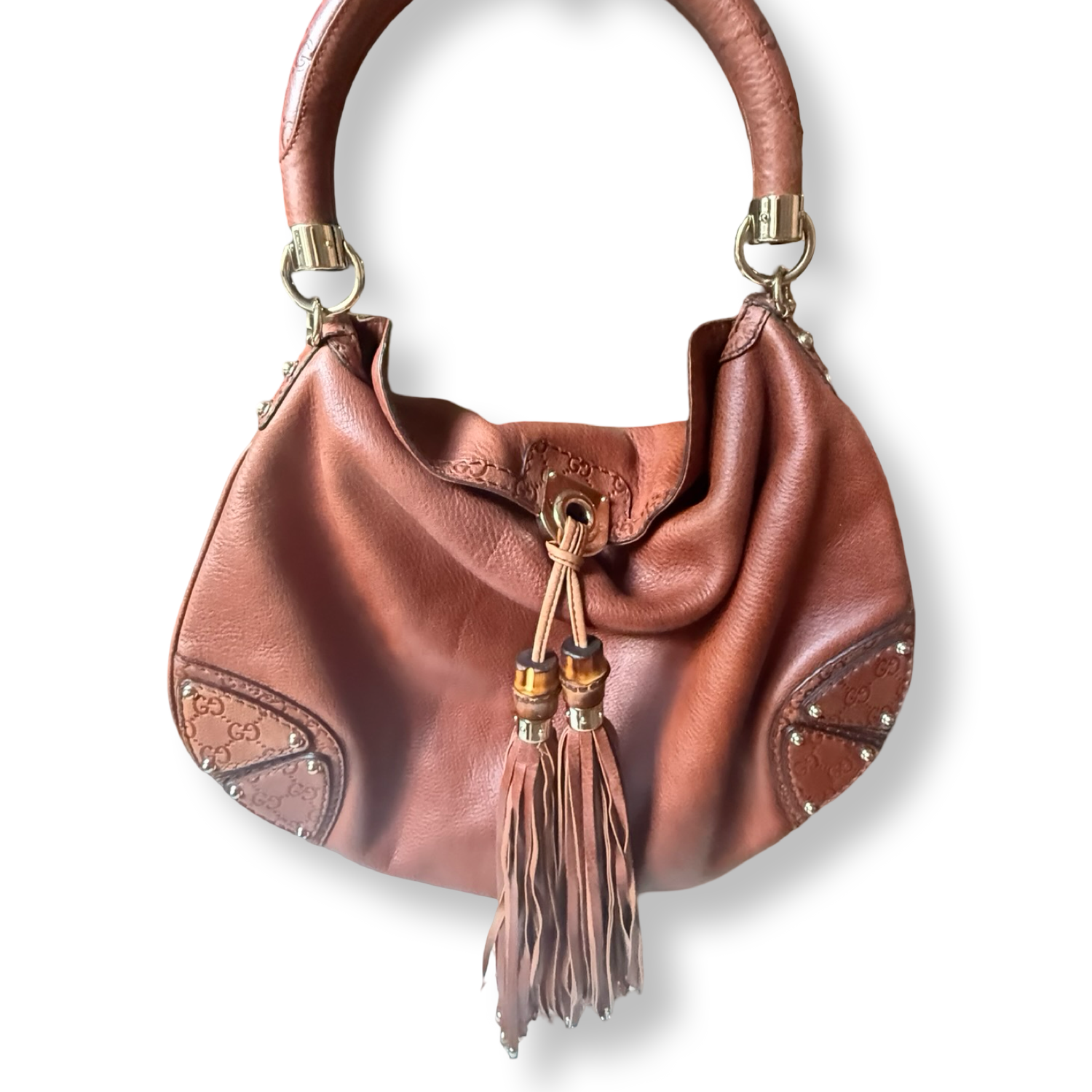 Gucci Vintage Indy Hobo Tassel Large Brown Leather authentic
