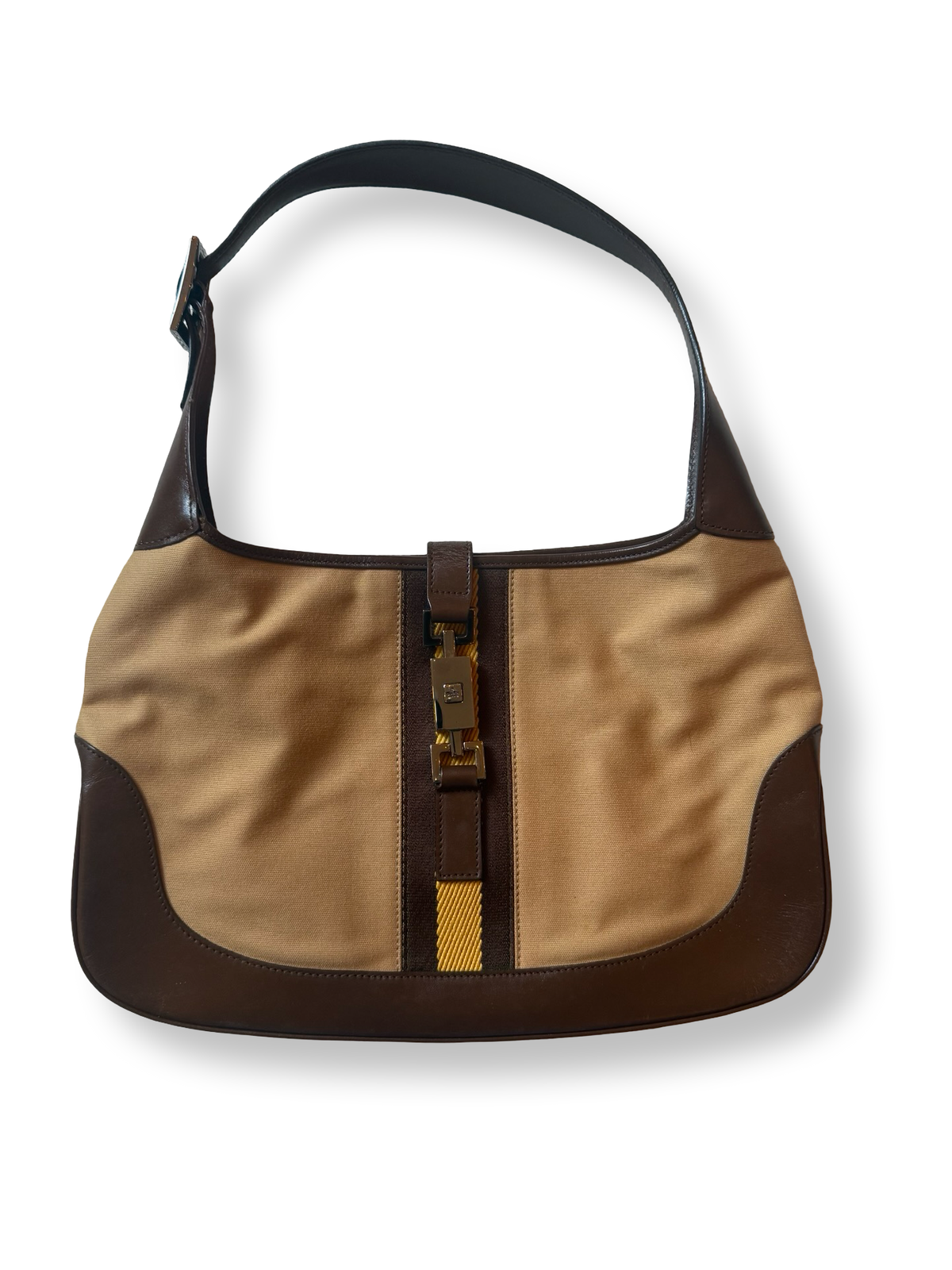 Gucci Vintage Jackie Shoulder Bag Camel and yellow canvas brown leather  authentic 90s Tom Ford era gucci 
