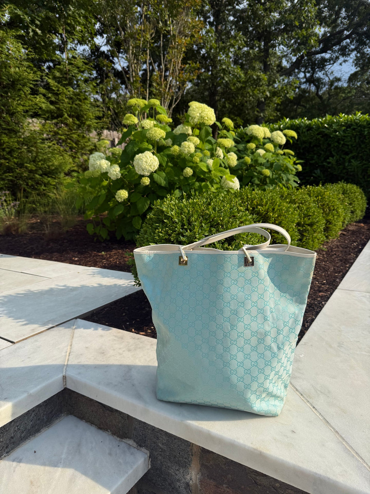 Gucci Vintage Tom Ford Era Light Blue Canvas tote authentic Tiffany blue white leather big size tote y2k 2000s fashion