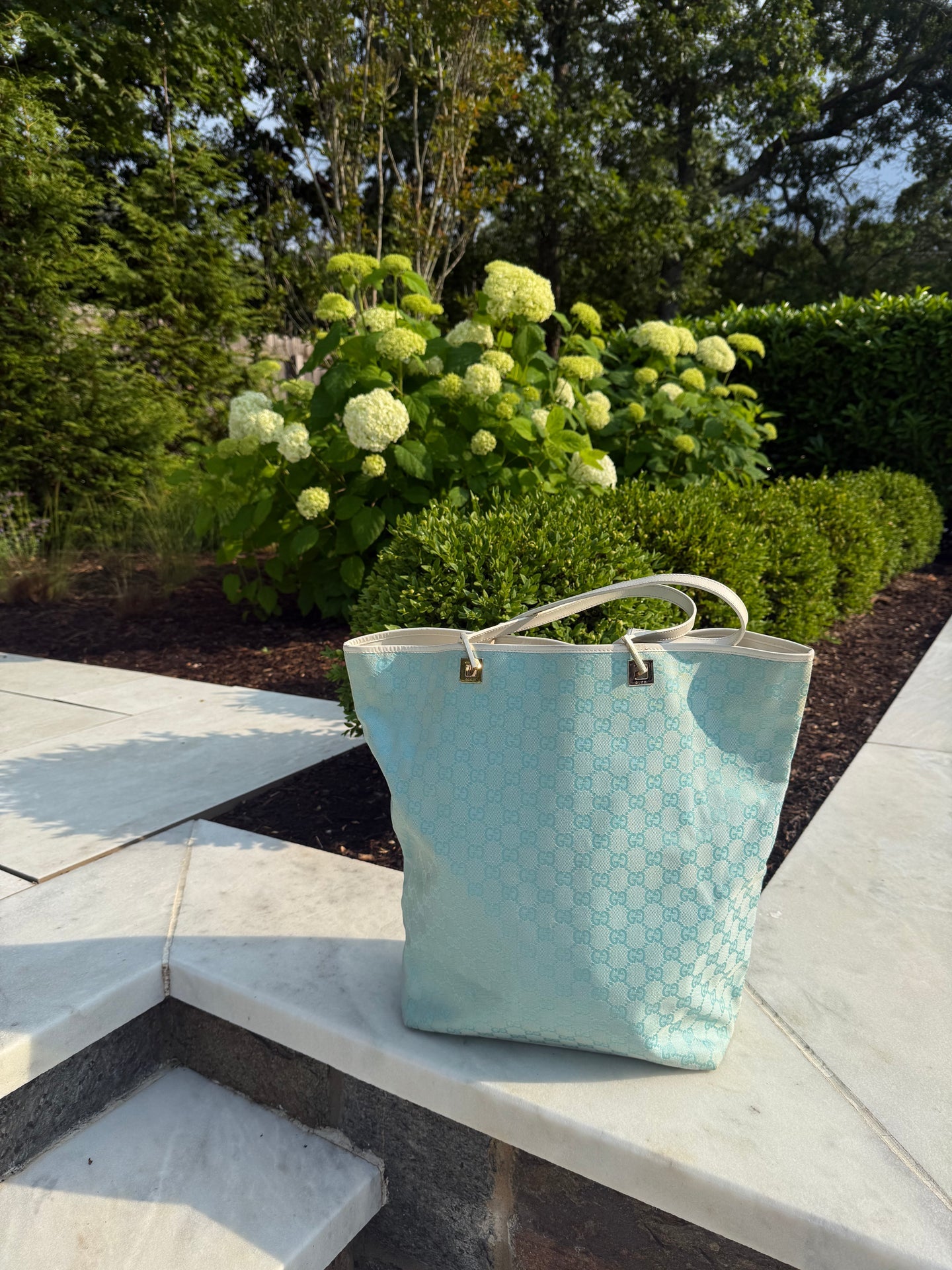 Gucci Vintage Tom Ford Era Light Blue Canvas tote authentic Tiffany blue white leather big size tote y2k 2000s fashion