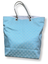 Gucci Vintage Tom Ford Era Light Blue Canvas tote authentic Tiffany blue white leather big size tote y2k 2000s fashion