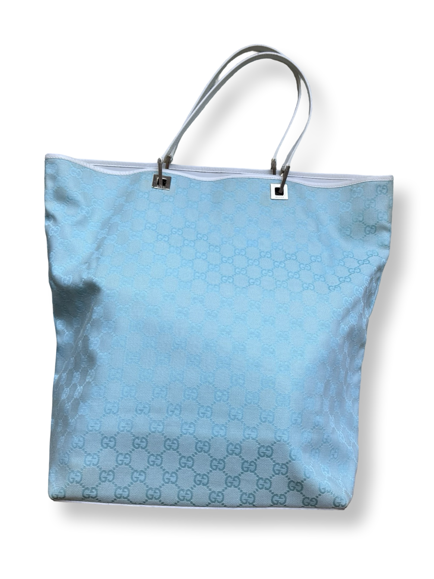 Gucci Vintage Tom Ford Era Light Blue Canvas tote authentic Tiffany blue white leather big size tote y2k 2000s fashion