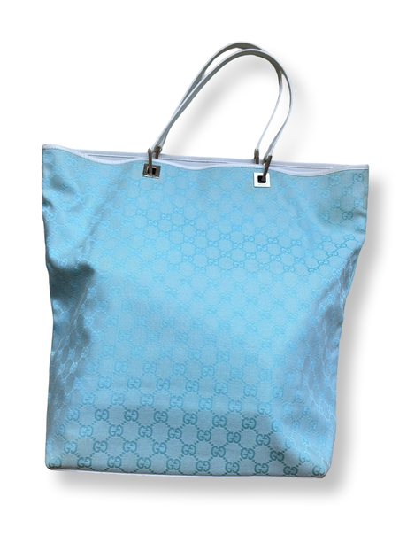 Gucci Vintage Tom Ford Era Light Blue Canvas tote authentic Tiffany blue white leather big size tote y2k 2000s fashion