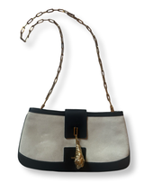 Gucci Vintage runway shoulder bag grey suede with tiger head charm black leather authentic Tom Ford era Gucci