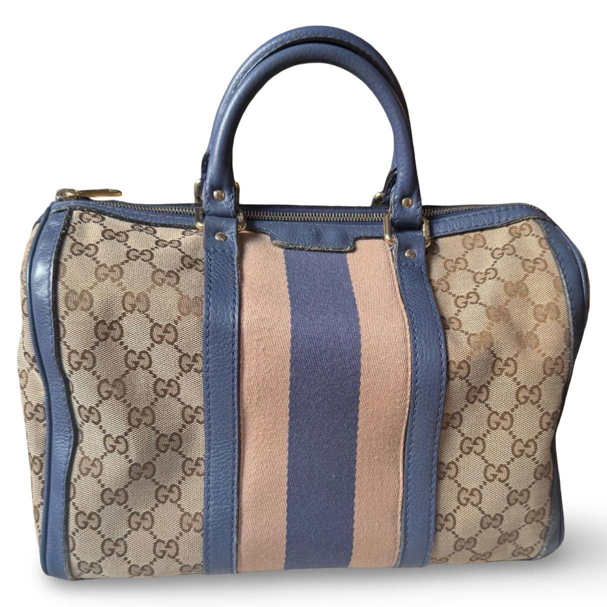 Gucci Web Boston Bag Medium Satchel authentic gg Canvas with blue & pink detail