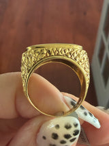Unisex 18K Italian Textured Gold and Oval Onyx Ring