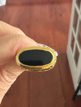Unisex 18K Italian Textured Gold and Oval Onyx Ring