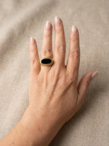 Unisex 18K Italian Textured Gold and Oval Onyx Ring