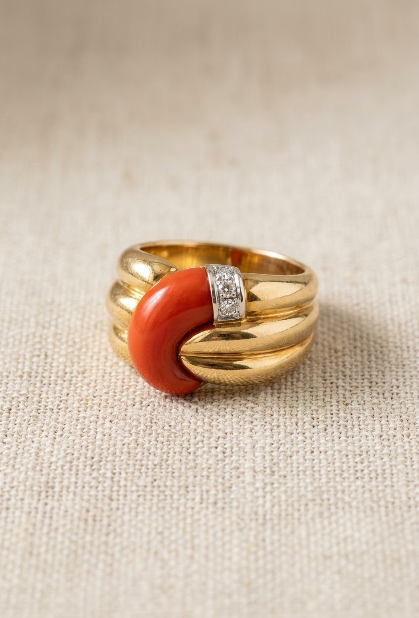Signed Leo Pizzo 18K Gold, Coral and Diamond Cocktail Ring
