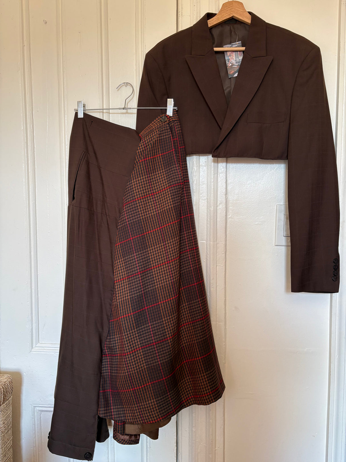 brown upcycled maxi skirt and blazer two-piece set