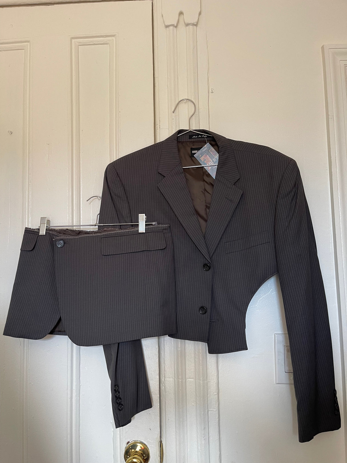upcycled grey pinstriped two-piece set