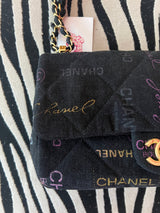 Chanel Black Denim Logo Print Quilted Flap Shoulder Bag Gold CC