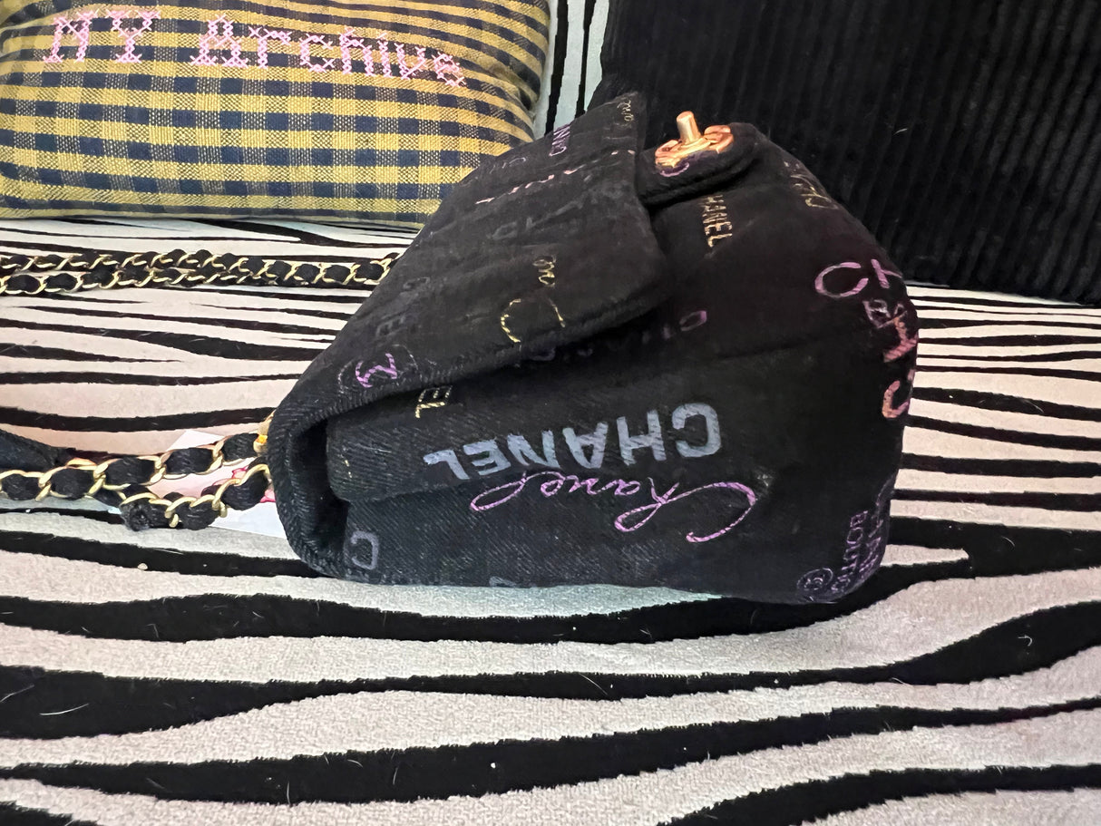 Chanel Black Denim Logo Print Quilted Flap Shoulder Bag Gold CC