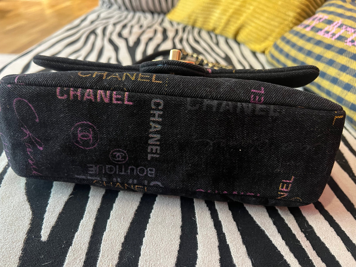 Chanel Black Denim Logo Print Quilted Flap Shoulder Bag Gold CC
