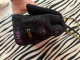 Chanel Black Denim Logo Print Quilted Flap Shoulder Bag Gold CC