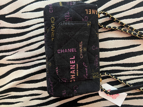 Chanel Black Denim Logo Print Quilted Flap Shoulder Bag Gold CC