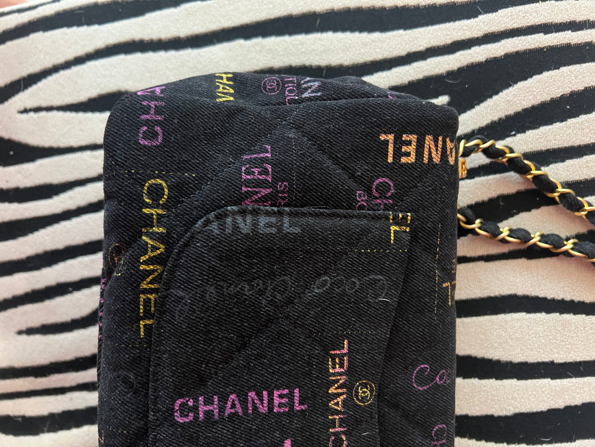 Chanel Black Denim Logo Print Quilted Flap Shoulder Bag Gold CC