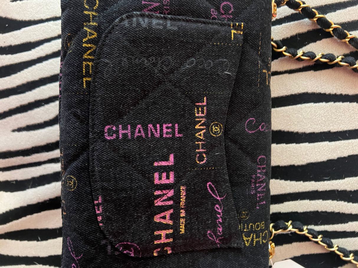 Chanel Black Denim Logo Print Quilted Flap Shoulder Bag Gold CC