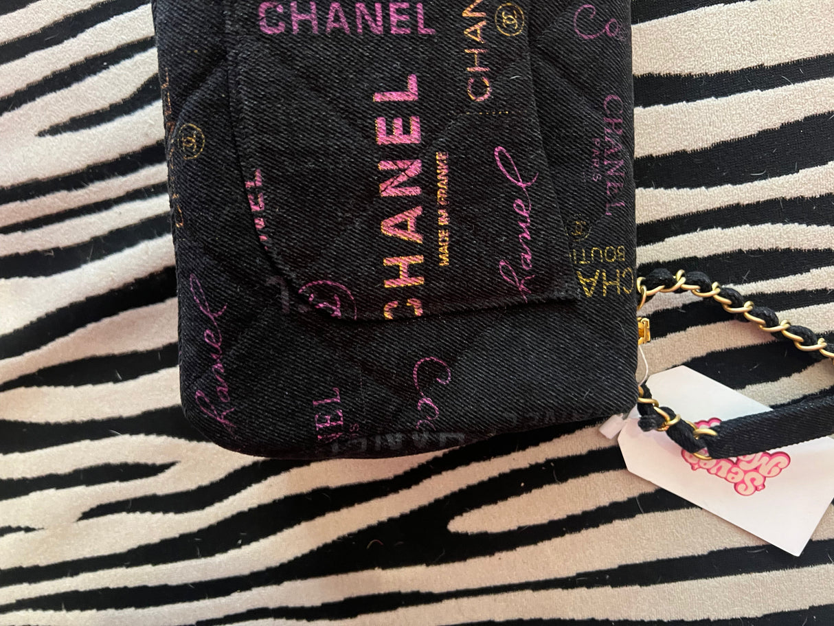 Chanel Black Denim Logo Print Quilted Flap Shoulder Bag Gold CC