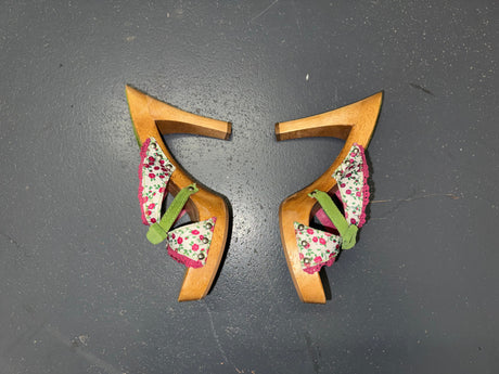 White Floral and Wooden Heels US 8