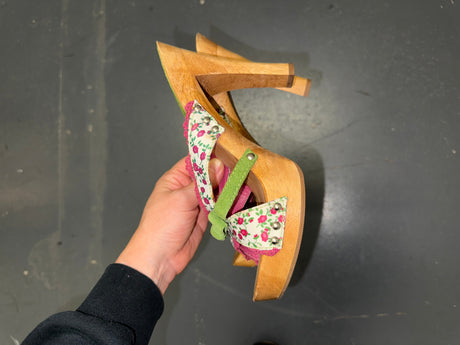 White Floral and Wooden Heels US 8