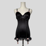 Satin ruffled backless garter chemise