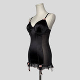 Satin ruffled backless garter chemise