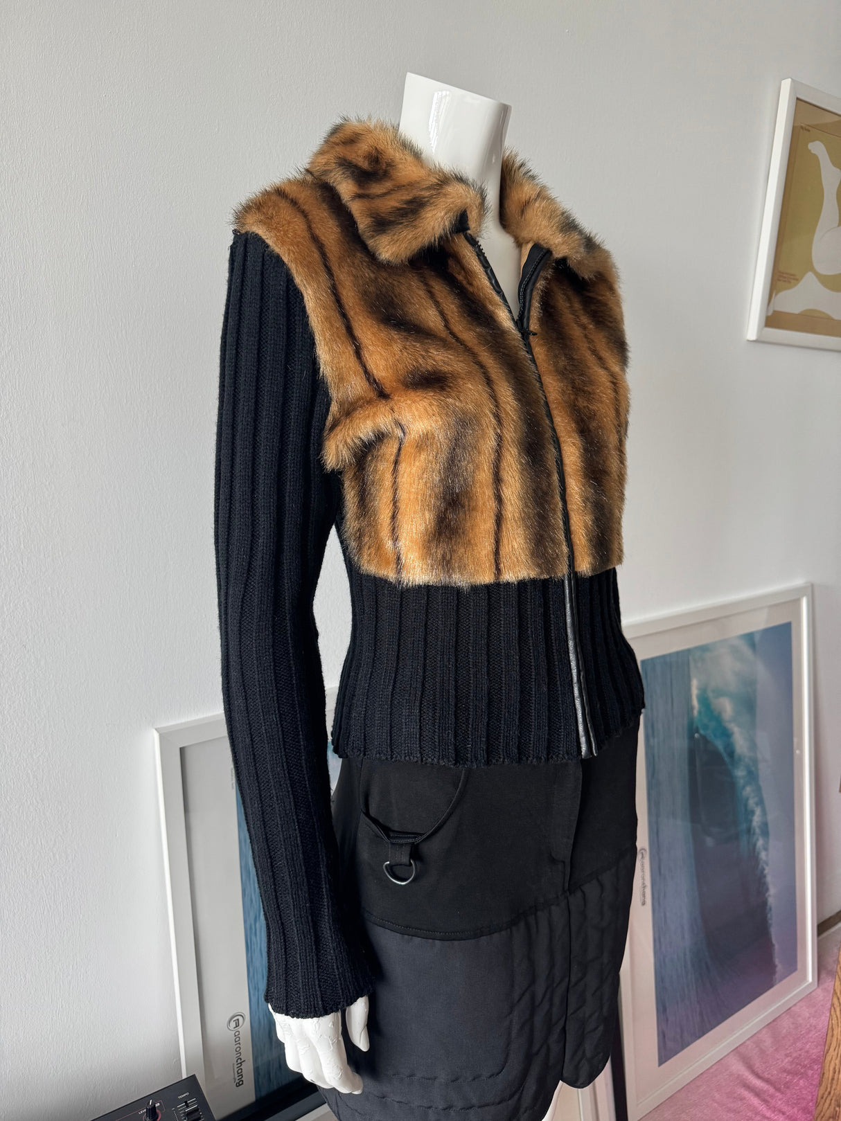 Black and Faux Fur Zip Up Sweater