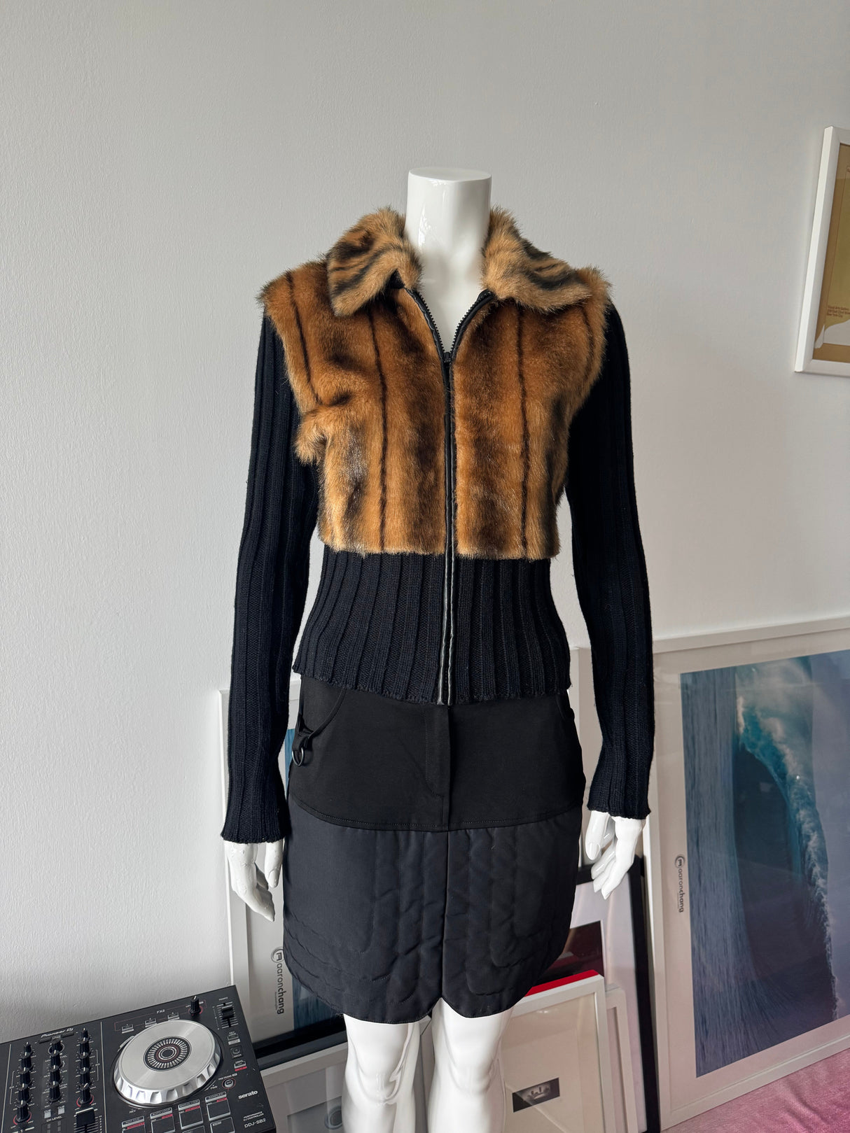 Black and Faux Fur Zip Up Sweater
