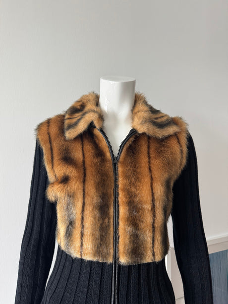 Black and Faux Fur Zip Up Sweater
