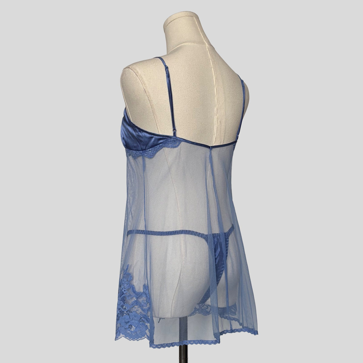 Sheer lace trim split front babydoll dress with matching panties in blue